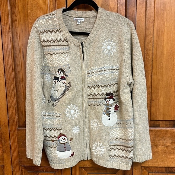 Croft & Barrow Full Front Zipper Christmas Winter Snowman Sweater Cardigan L - Picture 1 of 8